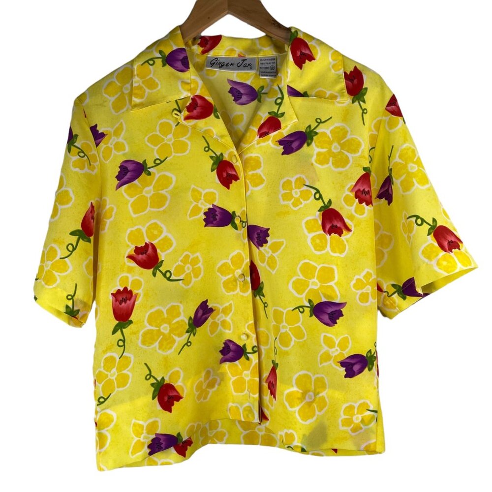 Vintage 90s Floral Button Down Shirt Short Sleeve Collared Yellow Size 10 Granny